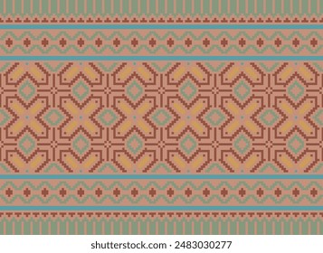 Cross Stitch pattern with Floral Designs. Traditional cross stitch needlework. Geometric Ethnic pattern, Embroidery, Textile ornamentation, fabric, Hand stitched pattern, Cultural stitching pixel art.