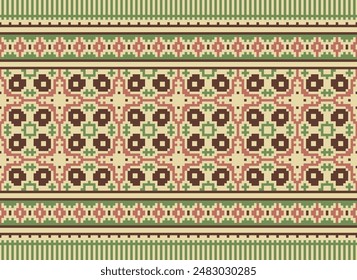 Cross Stitch pattern with Floral Designs. Traditional cross stitch needlework. Geometric Ethnic pattern, Embroidery, Textile ornamentation, fabric, Hand stitched pattern, Cultural stitching pixel art.