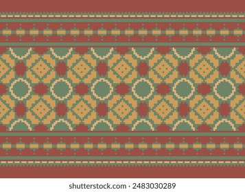 Cross Stitch pattern with Floral Designs. Traditional cross stitch needlework. Geometric Ethnic pattern, Embroidery, Textile ornamentation, fabric, Hand stitched pattern, Cultural stitching pixel art.