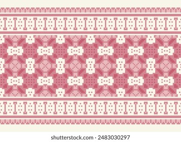 Cross Stitch pattern with Floral Designs. Traditional cross stitch needlework. Geometric Ethnic pattern, Embroidery, Textile ornamentation, fabric, Hand stitched pattern, Cultural stitching pixel art.