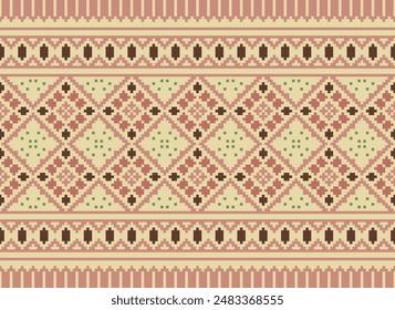 Cross Stitch pattern with Floral Designs. Traditional cross stitch needlework. Geometric Ethnic pattern, Embroidery, Textile ornamentation, fabric, Hand stitched pattern, Cultural stitching pixel art.