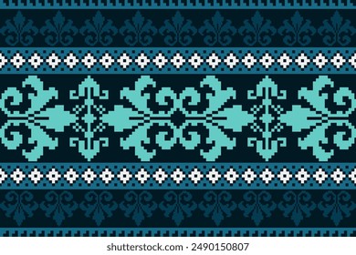 Cross Stitch pattern with Floral Designs. Traditional cross stitch needlework. Geometric Ethnic pattern, Embroidery, Textile ornamentation, fabric, Hand stitched pattern, Cultural stitching pixel art.