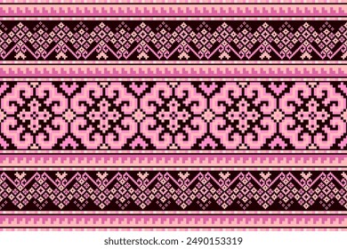 Kreuzstich-Muster mit floralem Designs. Traditionelle Kreuzstich-Nadelarbeit. Geometrische ethnische Muster, Stickerei, Textile Ornamentik, Stoff, Handgenähtes Muster, Kulturelle Stickerei Pixel-Kunst.