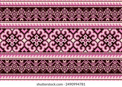 Cross Stitch pattern with Floral Designs. Traditional cross stitch needlework. Geometric Ethnic pattern, Embroidery, Textile ornamentation, fabric, Hand stitched pattern, Cultural stitching pixel art.