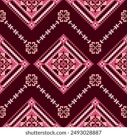 Cross Stitch pattern with Floral Designs. Traditional cross stitch needlework. Geometric Ethnic pattern, Embroidery, Textile ornamentation, fabric, Hand stitched pattern, Cultural stitching pixel art.