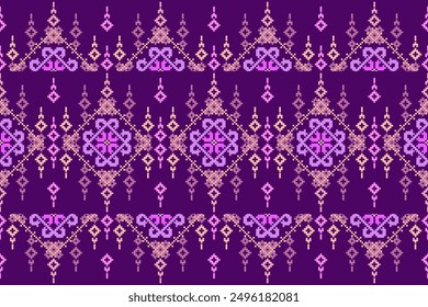 Patrón de punto de cruz con Diseños florales. Costura tradicional de punto de cruz. Patrón étnico geométrico, bordado, ornamentación textil, tela, patrón cosido a mano, arte de píxeles de costura cultural.