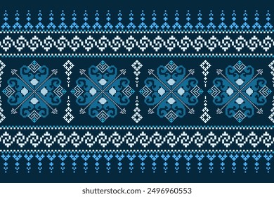 Kreuzstich-Muster mit Blumenmotiven. Traditionelle Kreuzstich-Nadelarbeit. Geometrisches Ethnisches Muster, Stickerei, Textile Ornamentik, Stoff, Handgeheftetes Muster, Kulturelle Nähpixelkunst.