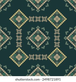 Cross Stitch pattern with Floral Designs. Traditional cross stitch needlework. Geometric Ethnic pattern, Embroidery, Textile ornamentation, fabric, Hand stitched pattern, Cultural stitching pixel art.