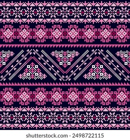 Cross Stitch pattern with Floral Designs. Traditional cross stitch needlework. Geometric Ethnic pattern, Embroidery, Textile ornamentation, fabric, Hand stitched pattern, Cultural stitching pixel art.