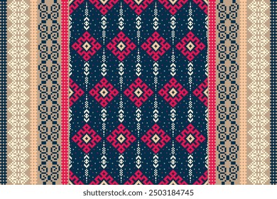 Cross Stitch pattern with Floral Designs. Traditional cross stitch needlework. Geometric Ethnic pattern, Embroidery, Textile ornamentation, fabric, Hand stitched pattern, Cultural stitching pixel art.