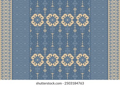 Cross Stitch pattern with Floral Designs. Traditional cross stitch needlework. Geometric Ethnic pattern, Embroidery, Textile ornamentation, fabric, Hand stitched pattern, Cultural stitching pixel art.