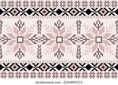 Cross Stitch Pattern with Floral Designs. Traditional Cross Stitch needlework. Geometric Ethnic Pattern, Embroidery, Textile Ornamental, Fabric, Hand Stitch Pattern, Cultural Stitching Pixel Art.