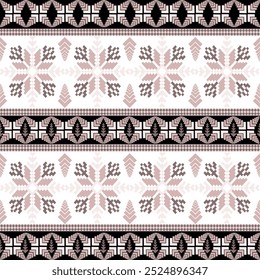 Cross Stitch Pattern with Floral Designs. Traditional Cross Stitch needlework. Geometric Ethnic Pattern, Embroidery, Textile Ornamental, Fabric, Hand Stitch Pattern, Cultural Stitching Pixel Art.