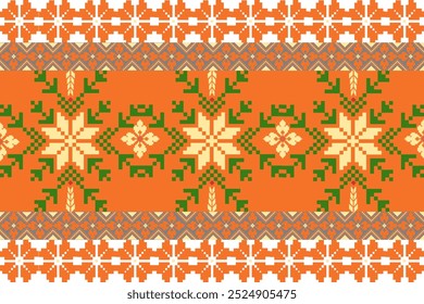 Cross Stitch Pattern with Floral Designs. Traditional Cross Stitch needlework. Geometric Ethnic Pattern, Embroidery, Textile Ornamental, Fabric, Hand Stitch Pattern, Cultural Stitching Pixel Art.