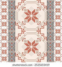 Cross Stitch Pattern with Floral Designs. Traditional Cross Stitch needlework. Geometric Ethnic Pattern, Embroidery, Textile Ornamental, Fabric, Hand Stitch Pattern, Cultural Stitching Pixel Art.