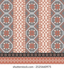 Patrón de puntada cruzada con Diseños florales. Costura tradicional de punto de cruz. Patrón étnico geométrico, bordado, textil, tela ornamental, patrón de puntada de mano, arte de píxeles de costura cultural.