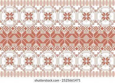 Cross Stitch Pattern with Floral Designs. Traditional Cross Stitch needlework. Geometric Ethnic Pattern, Embroidery, Textile Ornamental, Fabric, Hand Stitch Pattern, Cultural Stitching Pixel Art.