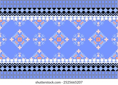 Cross Stitch Pattern with Floral Designs. Traditional Cross Stitch needlework. Geometric Ethnic Pattern, Embroidery, Textile Ornamental, Fabric, Hand Stitch Pattern, Cultural Stitching Pixel Art.