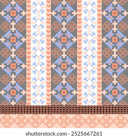 Cross Stitch Pattern with Floral Designs. Traditional Cross Stitch needlework. Geometric Ethnic Pattern, Embroidery, Textile Ornamental, Fabric, Hand Stitch Pattern, Cultural Stitching Pixel Art.