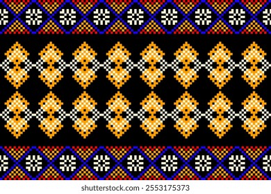 Padrão de ponto cruzado com desenhos florais. Costura de agulha tradicional. Padrão étnico geométrico, Bordado, Ornamentação têxtil, tecido, Padrão costurado à mão, Arte de pixel costura cultural.