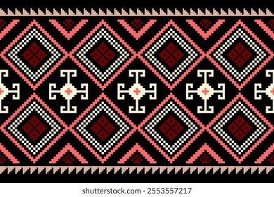 Cross Stitch pattern with Floral Designs. Traditional cross stitch needlework. Geometric Ethnic pattern, Embroidery, Textile ornamentation, fabric, Hand stitched pattern, Cultural stitching pixel art.