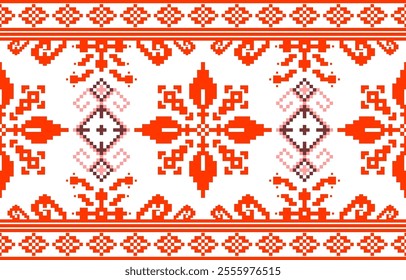 Cross Stitch pattern with Floral Designs. Geometric Ethnic pattern, Embroidery, Textile ornamentation, fabric, Hand stitched pattern, Cultural stitching pixel art.