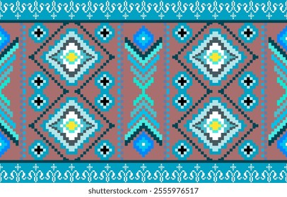 Cross Stitch pattern with Floral Designs. Geometric Ethnic pattern, Embroidery, Textile ornamentation, fabric, Hand stitched pattern, Cultural stitching pixel art.