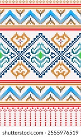 Cross Stitch pattern with Floral Designs. Geometric Ethnic pattern, Embroidery, Textile ornamentation, fabric, Hand stitched pattern, Cultural stitching pixel art.