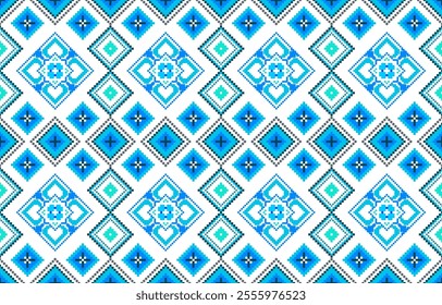 Cross Stitch pattern with Floral Designs. Geometric Ethnic pattern, Embroidery, Textile ornamentation, fabric, Hand stitched pattern, Cultural stitching pixel art.