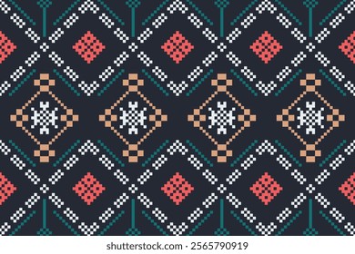 Cross Stitch pattern with Floral Designs. Traditional cross stitch needlework. Geometric Ethnic pattern, Embroidery, Textile ornamentation, fabric, Hand stitched pattern, Cultural stitching pixel art.