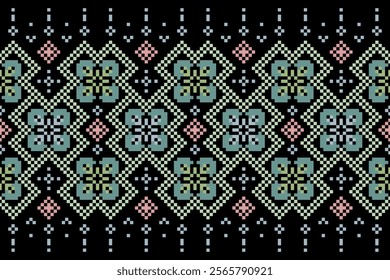 Cross Stitch pattern with Floral Designs. Traditional cross stitch needlework. Geometric Ethnic pattern, Embroidery, Textile ornamentation, fabric, Hand stitched pattern, Cultural stitching pixel art.