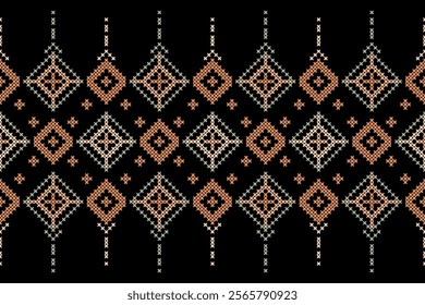 Cross Stitch pattern with Floral Designs. Traditional cross stitch needlework. Geometric Ethnic pattern, Embroidery, Textile ornamentation, fabric, Hand stitched pattern, Cultural stitching pixel art.