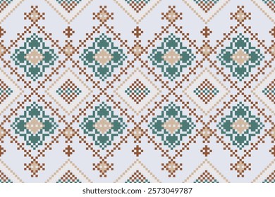 Cross Stitch pattern with Floral Designs. Traditional cross stitch needlework. Geometric Ethnic pattern, Embroidery, Textile ornamentation, fabric, Hand stitched pattern, Cultural stitching pixel art.