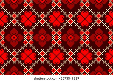 Cross Stitch pattern with Floral Designs. Traditional cross stitch needlework. Geometric Ethnic pattern, Embroidery, Textile ornamentation, fabric, Hand stitched pattern, Cultural stitching pixel art.