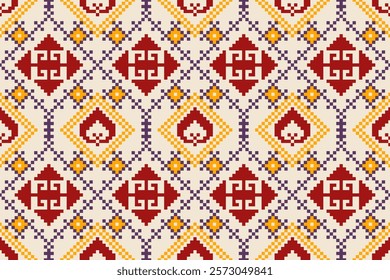 Cross Stitch pattern with Floral Designs. Traditional cross stitch needlework. Geometric Ethnic pattern, Embroidery, Textile ornamentation, fabric, Hand stitched pattern, Cultural stitching pixel art.