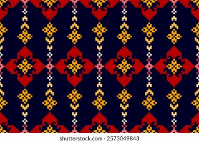 Cross Stitch pattern with Floral Designs. Traditional cross stitch needlework. Geometric Ethnic pattern, Embroidery, Textile ornamentation, fabric, Hand stitched pattern, Cultural stitching pixel art.