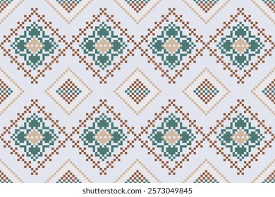 Cross Stitch pattern with Floral Designs. Traditional cross stitch needlework. Geometric Ethnic pattern, Embroidery, Textile ornamentation, fabric, Hand stitched pattern, Cultural stitching pixel art.