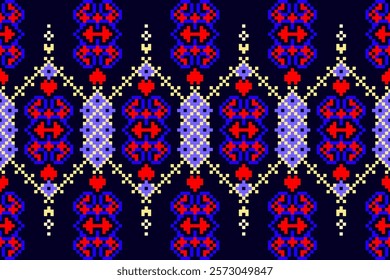 Cross Stitch pattern with Floral Designs. Traditional cross stitch needlework. Geometric Ethnic pattern, Embroidery, Textile ornamentation, fabric, Hand stitched pattern, Cultural stitching pixel art.