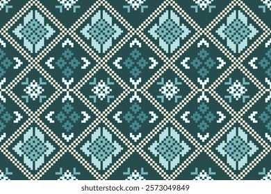 Cross Stitch pattern with Floral Designs. Traditional cross stitch needlework. Geometric Ethnic pattern, Embroidery, Textile ornamentation, fabric, Hand stitched pattern, Cultural stitching pixel art.