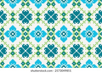 Cross Stitch pattern with Floral Designs. Traditional cross stitch needlework. Geometric Ethnic pattern, Embroidery, Textile ornamentation, fabric, Hand stitched pattern, Cultural stitching pixel art.