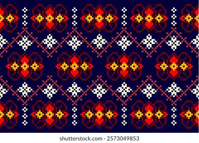 Cross Stitch pattern with Floral Designs. Traditional cross stitch needlework. Geometric Ethnic pattern, Embroidery, Textile ornamentation, fabric, Hand stitched pattern, Cultural stitching pixel art.