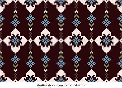 Cross Stitch pattern with Floral Designs. Traditional cross stitch needlework. Geometric Ethnic pattern, Embroidery, Textile ornamentation, fabric, Hand stitched pattern, Cultural stitching pixel art.