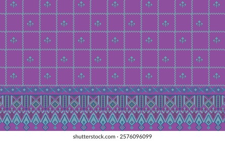 Cross Stitch pattern with Floral Designs. Traditional cross stitch needlework. Geometric Ethnic pattern, Embroidery, Textile ornamentation, fabric, Hand stitched pattern, Cultural stitching pixel art.