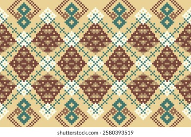 Cross Stitch pattern with Floral Designs. Traditional cross stitch needlework. Geometric Ethnic pattern, Embroidery, Textile ornamentation, fabric, Hand stitched pattern, Cultural stitching pixel art.