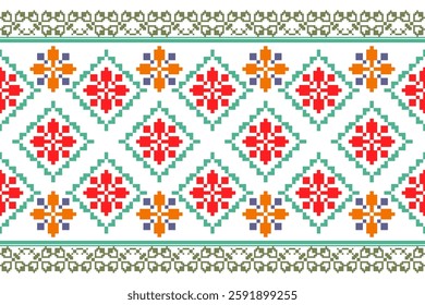 Cross Stitch pattern with Floral Designs. Traditional cross stitch needlework. Geometric Ethnic pattern, Embroidery, Textile ornamentation, fabric, Hand stitched pattern, Cultural stitching pixel art.