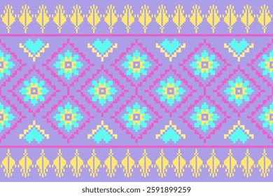 Cross Stitch pattern with Floral Designs. Traditional cross stitch needlework. Geometric Ethnic pattern, Embroidery, Textile ornamentation, fabric, Hand stitched pattern, Cultural stitching pixel art.
