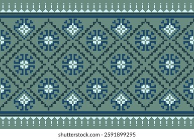 Cross Stitch pattern with Floral Designs. Traditional cross stitch needlework. Geometric Ethnic pattern, Embroidery, Textile ornamentation, fabric, Hand stitched pattern, Cultural stitching pixel art.
