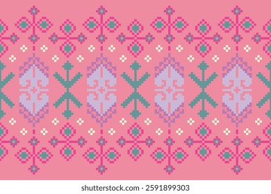 Cross Stitch pattern with Floral Designs. Traditional cross stitch needlework. Geometric Ethnic pattern, Embroidery, Textile ornamentation, fabric, Hand stitched pattern, Cultural stitching pixel art.