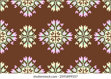 Cross Stitch pattern with Floral Designs. Traditional cross stitch needlework. Geometric Ethnic pattern, Embroidery, Textile ornamentation, fabric, Hand stitched pattern, Cultural stitching pixel art.