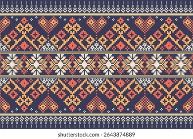 Padrão de ponto cruzado com desenhos florais. Costura de agulha tradicional. Padrão étnico geométrico, Bordado, Ornamentação têxtil, tecido, Padrão costurado à mão, Arte de pixel costura cultural.